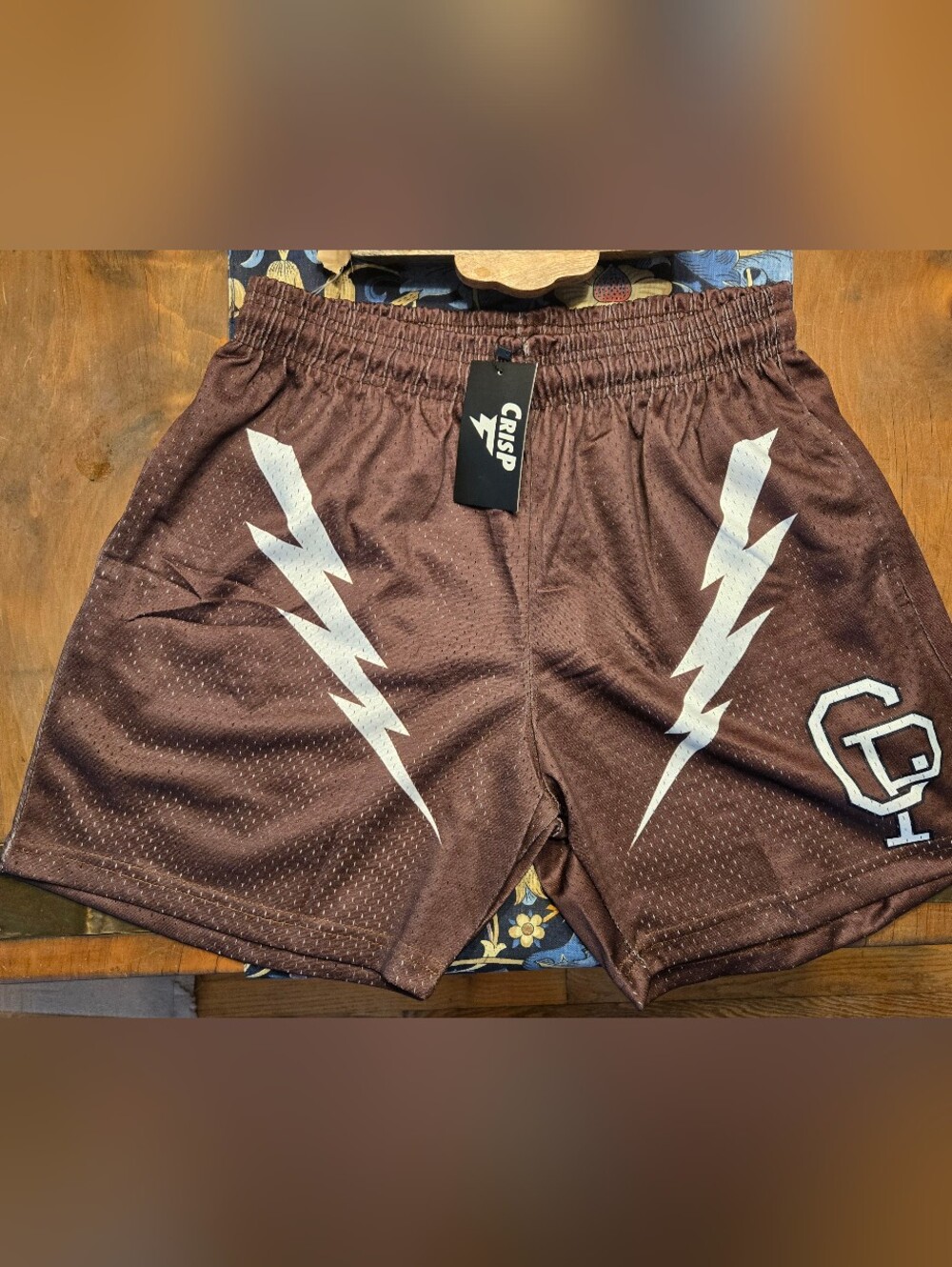 Crisp Brand Men's Brown Athletic Shorts with Lightning Design Large